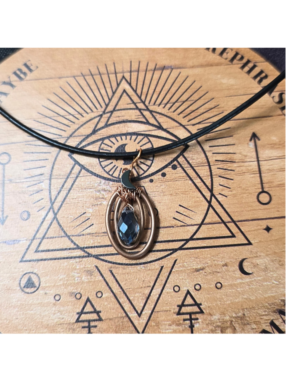 Handmade Copper Wire Wrapped Crystal Moon Pendant Black Leather Cord Necklace